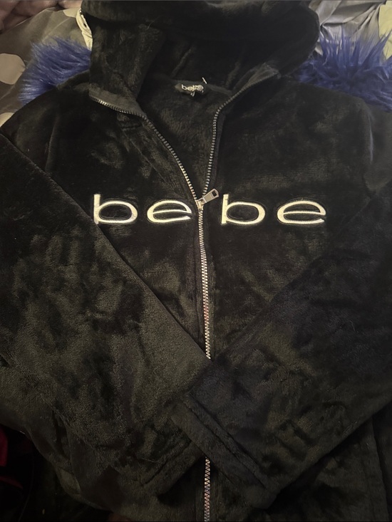 bebe Jackets & Blazers - bebe Black Plush Zip-Up Hoodie with Logo Size Large